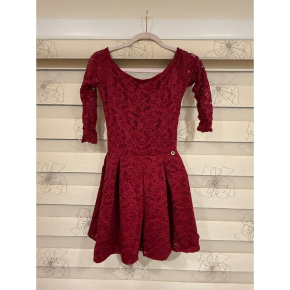 s.Moriss Dresses & Skirts - Burgundy Floral Lace Fit and Flare Mini Dress XS 3/4 Sleeve Red.Made in Poland